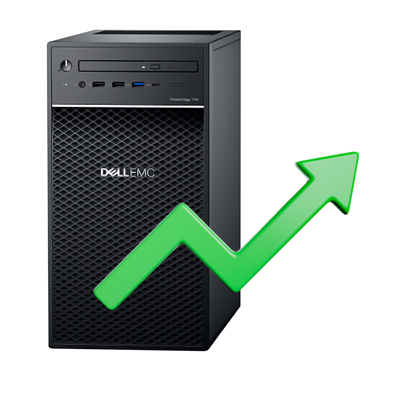 Ilustración: Servidor físico Dell PowerEdge con una flecha verde de crecimiento indicando beneficios.